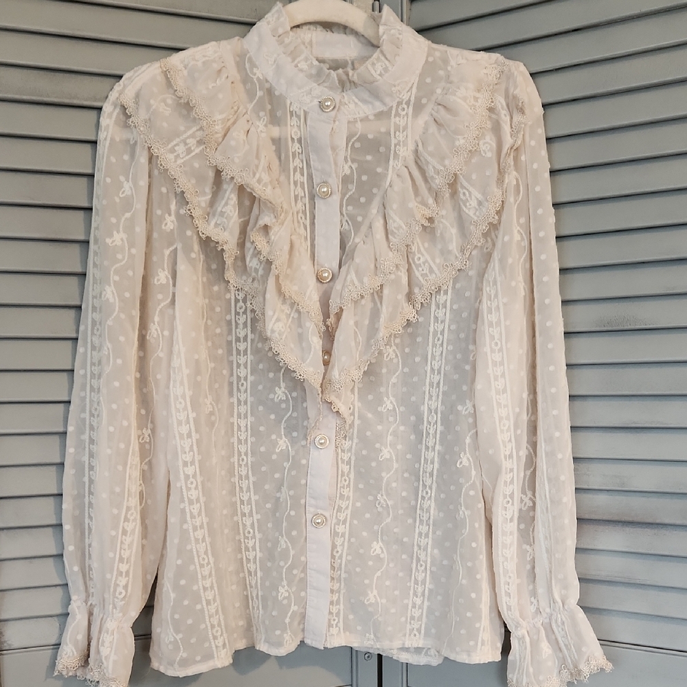 Romantic Lace Trim Button Down Blouse Whimsycore Feminine Size M Neutral Beige
